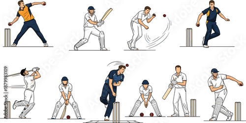 Set of Cricket Players in Action Poses Featuring Batsmen Hitting Ball Bowlers Delivering and Fielders Catching Isolated on White Background Vector Illustration