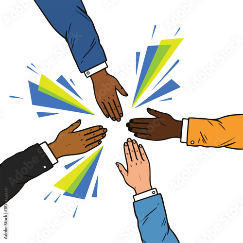 Illustration of multi-ethnic hands forming a circle, representing diverse people collaborating, celebrating success, and achieving unity.