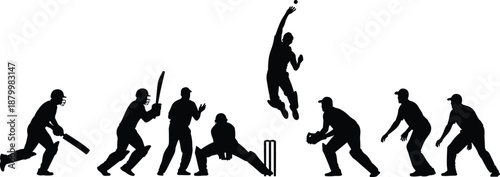 Set of Cricket Player Silhouettes Featuring Batsmen Hitting Ball Fielders Catching and High Jumping Catch Action Poses Isolated on White Background Vector
