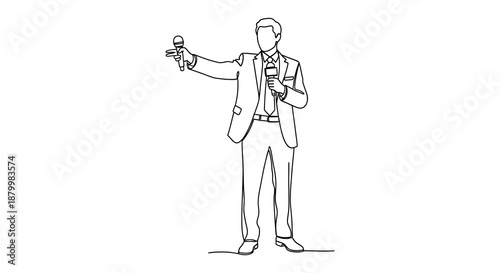 A detailed line art rendering depicts a man in a suit holding microphones and gesturing showcasing a modern artistic silhouette