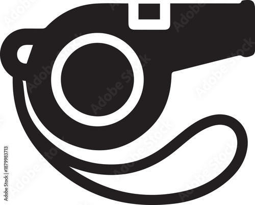 Black graphic icon of a whistle with a lanyard, commonly used in sports and for signaling