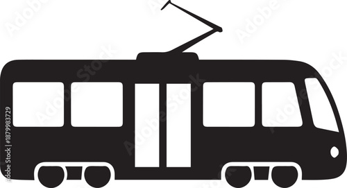 Black silhouette icon of a modern tram or streetcar for urban public transportation