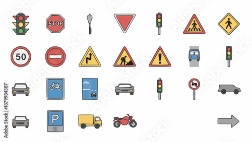 Collection of traffic signs and symbols for road safety.