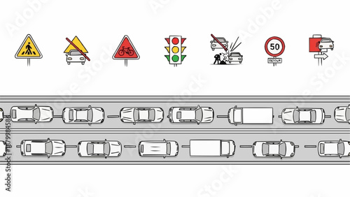 Traffic jam with road signs illustration.
