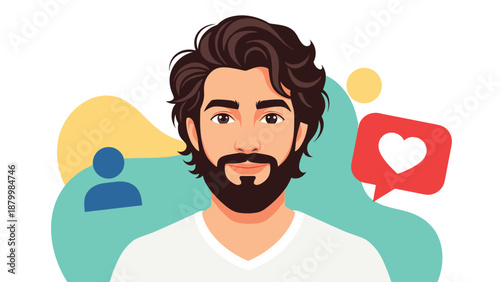 Modern man with a beard and stylish hair shown as a social media influencer with like and follow icons in the background.