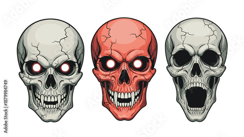 Set of three evil and angry skulls with different expressions, including glowing eyes, fangs, and a screaming mouth.