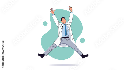 Happy and successful male doctor in a white coat jumping for joy and celebrating a medical breakthrough or good news.