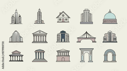Collection of diverse architectural building icons and symbols.