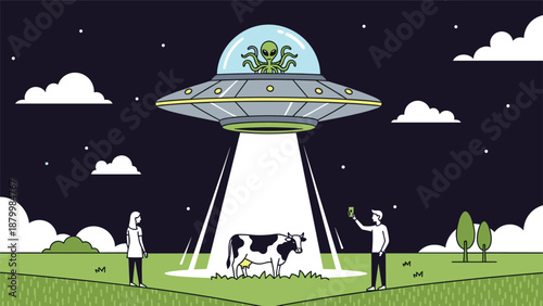 Cartoon scene of a UFO with an octopus-like alien abducting a cow with a tractor beam as two people watch at night.