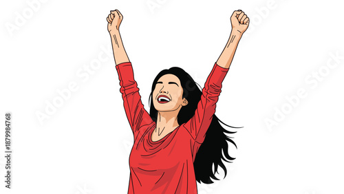 Joyful young woman with long dark hair raising her arms in the air to celebrate a success, victory, or achievement.