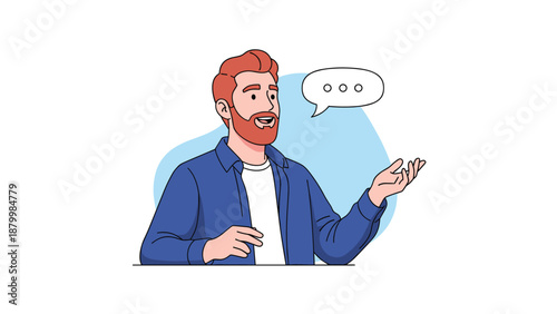 Friendly bearded man with red hair actively talking and gesturing while explaining something, with a speech bubble nearby.