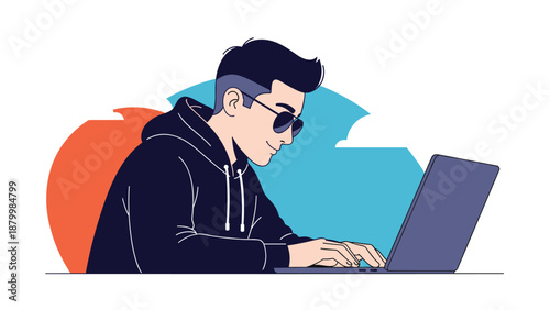 Young man in a hoodie and sunglasses working or programming on a laptop computer in a modern vector illustration style.