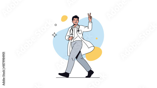 Cheerful and friendly male doctor in a white coat walks with a positive attitude, smiling and making a peace sign gesture.