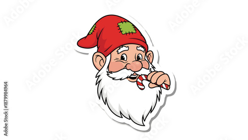 Cute cartoon sticker of a friendly garden gnome with a long white beard and a red hat, happily eating a Christmas candy cane.