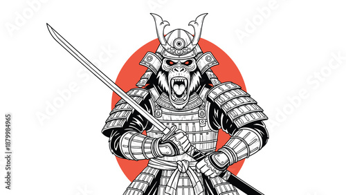 Fierce gorilla warrior in traditional Japanese samurai armor holds a katana sword, ready for battle in a powerful illustration.