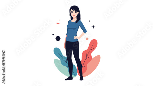 Confident young woman with dark hair stands with her hand on her hip in a self-assured pose, illustrated in a modern style.