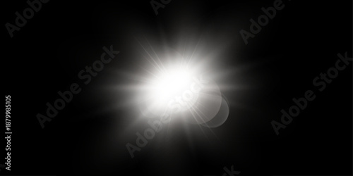 Sun rays, and lens flare overlay. A soft glow without diverging rays, sunlight with a lens flare effect. Bright sunlight and lens flare. A PNG sun, isolated on a transparent background, vector image.