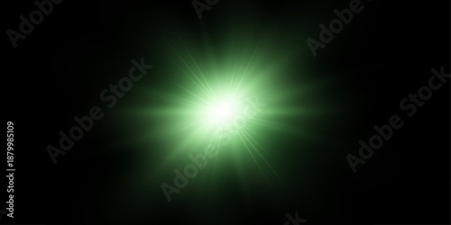 Vibrant burst of green light with a soft glow and lens flare. Abstract lighting overlay for vector graphics visual effects.