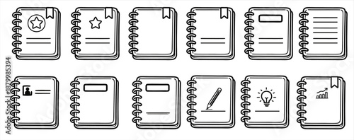 Notebook icon set. Notebook Icon Collection. Journal Line Icon set, Hand Drawn Doodle Style