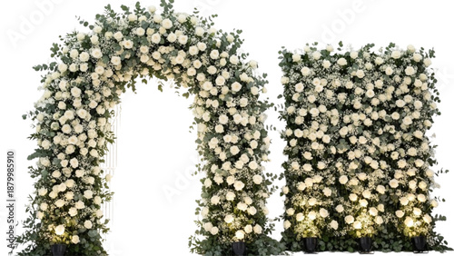 Elegant white rose and eucalyptus floral arch with matching illuminated flower wall for events