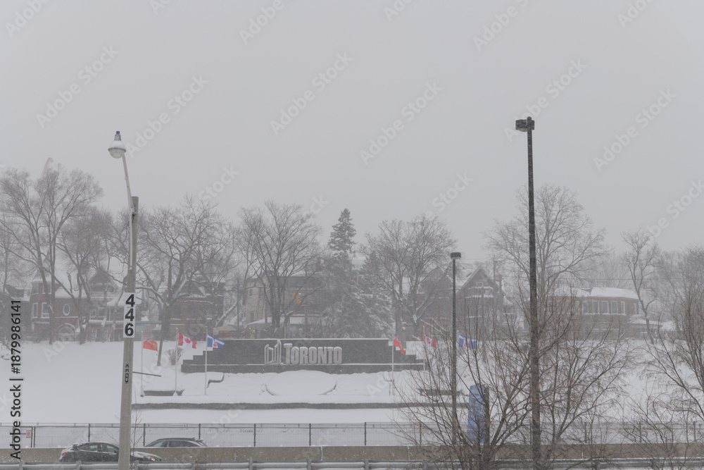 Fototapeta premium City of Toronto sign on slope towards railway, Gardiner Expressway, and Lake Shore Blvd W, seen from Martin Goodman Trail during a snow storm on 2026-01-15