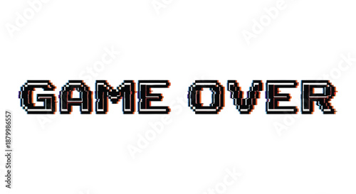 The image showcases bold pixelated text displaying game over in a stark black color against a pure white background silhouette