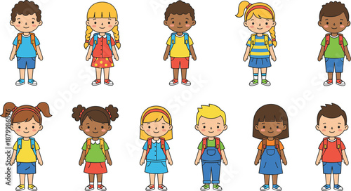 Cute Diverse Children Character Illustration Set Featuring Boys and Girls in Colorful Outfits, Backpacks, Smiling Poses, and Friendly Cartoon Style