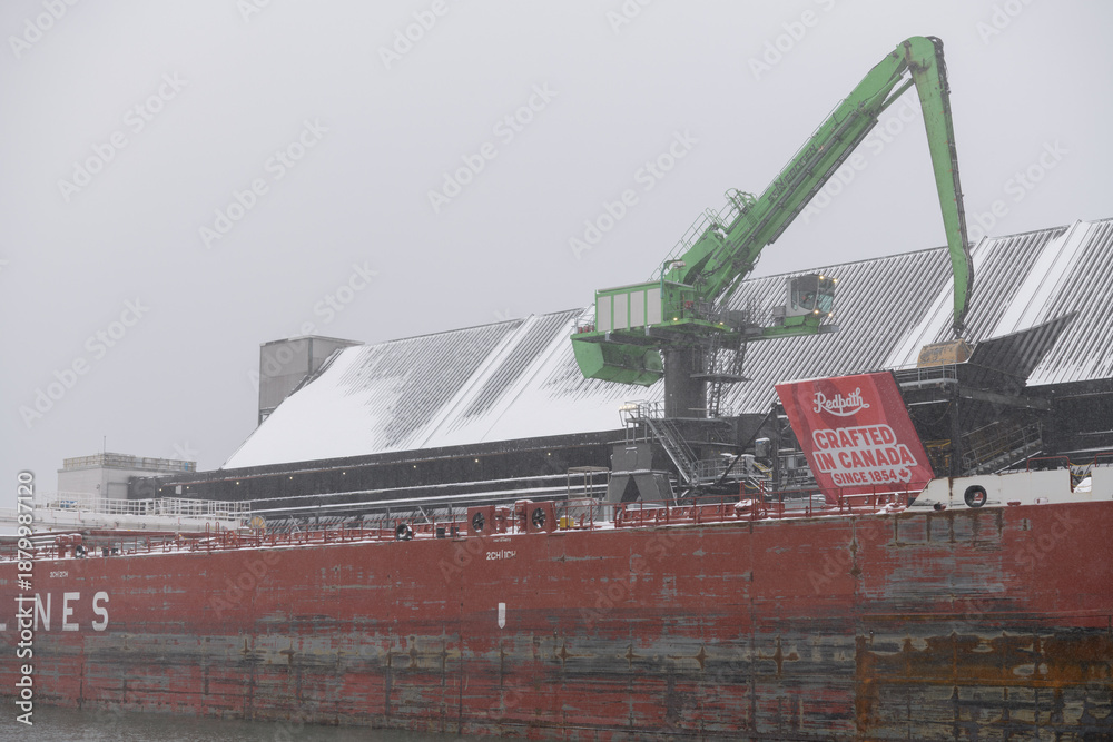 Fototapeta premium CSL Welland (self-unloading bulk carrier) with sugar cargo docked at Redpath Sugar Refinery located at, 95 Queens Quay E, during a snow storm on 2026-01-15 in Toronto