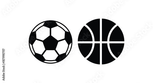 A striking visual showcasing a soccer ball and basketball presented in a bold dark silhouette style offering a simplistic sports depiction silhouette