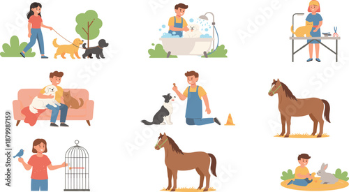 Pet Care Activity Illustration Set Featuring People Walking Dogs, Bathing Pets, Grooming, Training, Feeding, Horse Care, and Interacting with Animals