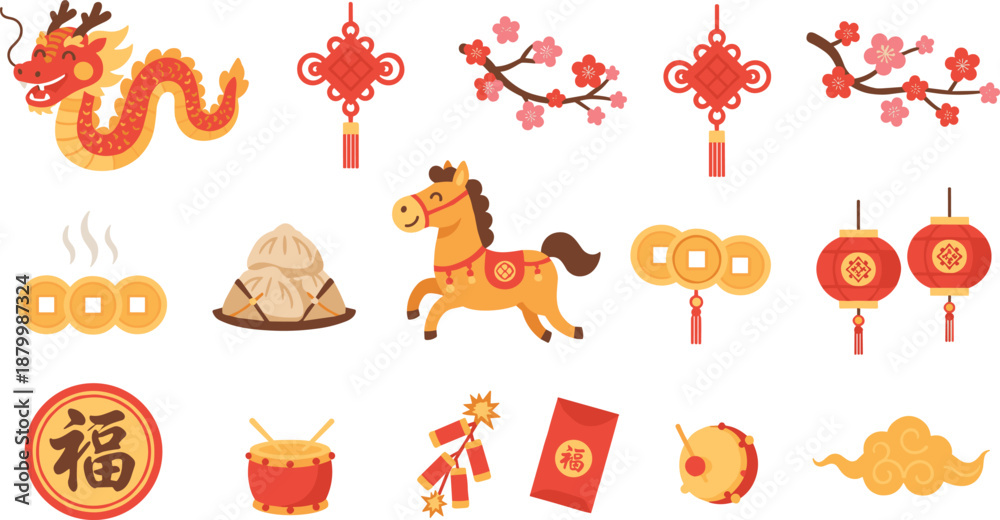 Fototapeta premium Traditional Chinese New Year Illustration Set Featuring Dragon, Lanterns, Knots, Plum Blossoms, Lucky Coins, Red Envelopes, Drums, and Festive Symbols