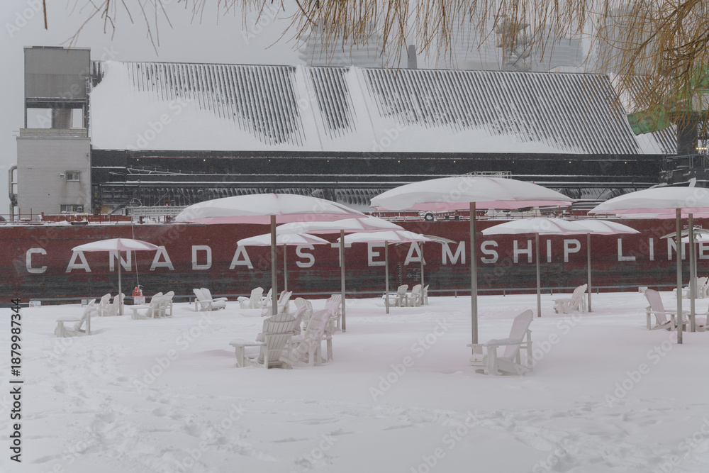 Naklejka premium CSL Welland (self-unloading bulk carrier) with sugar cargo docked at Redpath Sugar Refinery located at, 95 Queens Quay E, during a snow storm on 2026-01-15 in Toronto (Sugar Beach view)