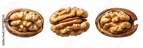 Three whole walnuts arranged horizontally