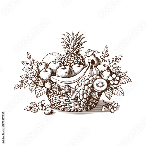 Fresh fruit basket illustration with various fruits