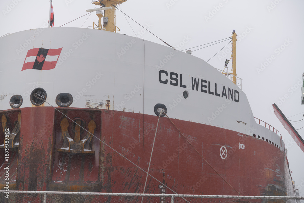 Fototapeta premium CSL Welland (self-unloading bulk carrier) with sugar cargo docked at Redpath Sugar Refinery located at, 95 Queens Quay E, during a snow storm on 2026-01-15 in Toronto