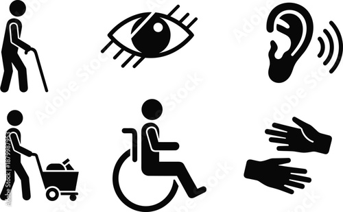 Accessibility and Disability Icons Set Representing Mobility, Hearing, Visual Impairments, Wheelchair, Sign Language, Independence, Inclusion, and Assistance