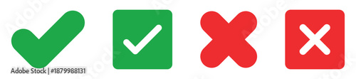 Sharp green checkmark and red cross on isolated white background vector symbol for right and wrong choices. Modern flat design, Checkmark icon set. Checkmark right symbol tick sign