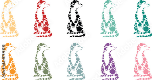 Colorful meerkat silhouettes made of circles, Meerkat animal dot art silhouette set