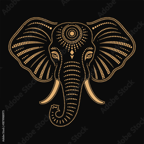 Golden Dot Art Elephant Head with Intricate Tribal Patterns on Black animal face