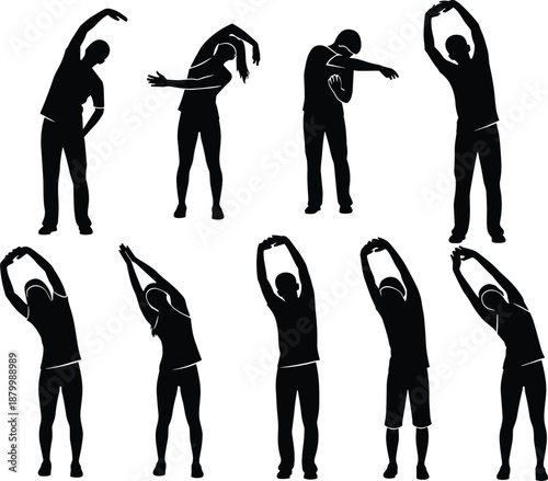Silhouette illustration of ten people doing various stretching exercises for fitness, wellness, and flexibility training
