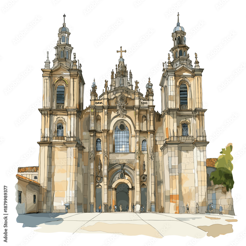 Fototapeta premium Santiago de Compostela Cathedral. Santiago de Compostela Cathedral watercolor vector illustration