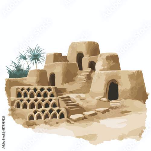 Chan Chan Archaeological Site. Chan Chan Archaeological Site hand drawn watercolor illustration