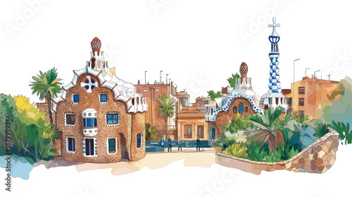 Park Guell. Park Guell watercolor vector illustration