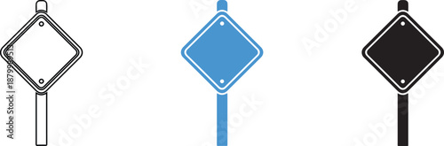 Three Diamond Shaped Road Signs on Poles Isolated Design