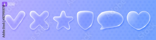 Glass morphism concept. 3D liquid glass design elements, tick, cross, star, shield, speech bubble and heart. Buttons are made of matte translucent glass with sparkling edges. Vector illustration