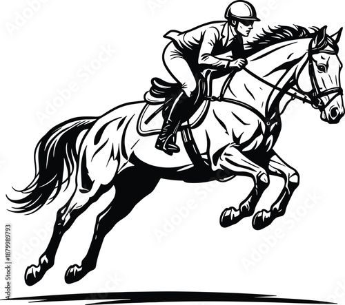 Equestrian horse jumping rider silhouette vector illustration for sports competition, athletic training, horseback riding, racing, and outdoor adventure themes