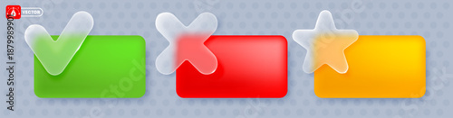 Set of labels, banners or cards with transparent icons with glassmorphism effect. Check mark, cross and star sign over a rectangle banners. Approve, reject and favorite concept. Vector illustration