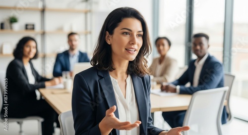 Confident businesswoman leading a meeting with diverse colleagues in a modern office setting, discussing strategy, modern, corporate