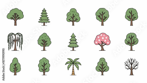 Collection of various cartoon trees in different shapes and sizes.