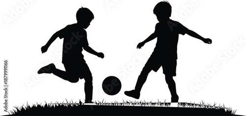 Silhouette children playing soccer on grassy field, active kids kicking ball outdoors, teamwork, childhood activity, sports vector illustration